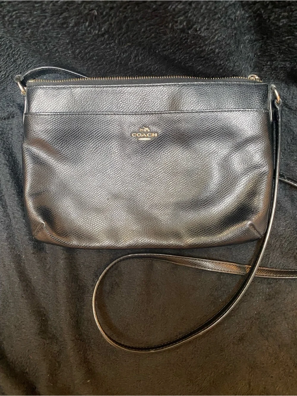 Coach Black Pebbled Leather Slim Crossbody with Gold Logo